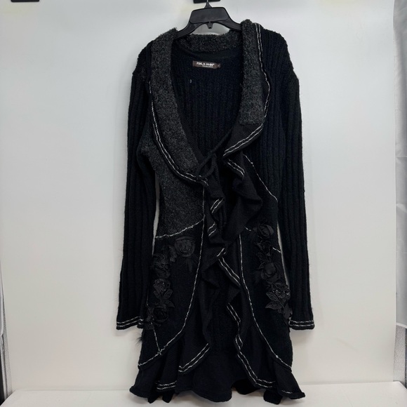 Forla Paris L Cardigan Black Wool Mohair Ruffle Rose Embellished Fairy Core Boho - Picture 1 of 10